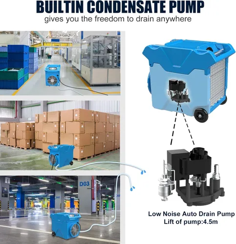 Vista 8 de Mounto Deshumidificador comercial LGR de 150pints con mango y ruedas, compresor Panasonic, certificado ETL, compacto y apilable, bomba incorporada