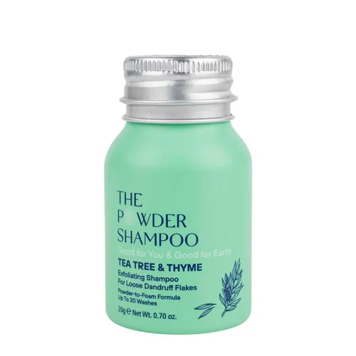Champú exfoliante en polvo espumoso para la caspa, 20 lavados, vegano, ecológico, árbol de té, ácido salicílico, mini botella de aluminio de 0.7