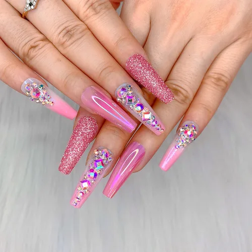 Vista 11 de Artquee 24 uñas postizas de ataúd rosa, largas, a presión, con diseño de strass, uñas falsas reutilizables para manicura, kit de uñas adhesivas