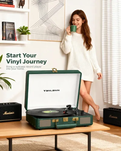 Vista 6 de Tocadiscos Bluetooth vintage de 3 velocidades, tocadiscos portátil de maleta con altavoces estéreo integrados y grabación USB, convierte vinilo a