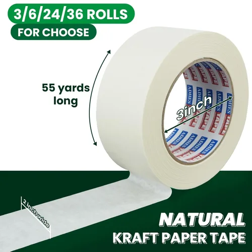 Vista 2 de ADHES - Cinta de papel kraft blanca, 2 pulgadas x 55 yardas, 3 rollos de cinta de papel resistente para escribir y sin recubrimiento, cinta