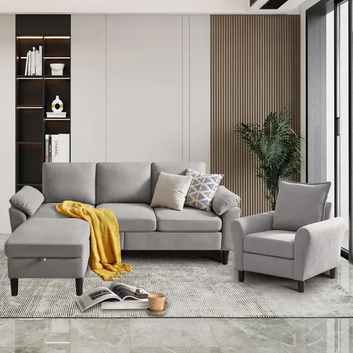 Vista 8 de Juego de sofás modulares de 3 piezas, sofás de 3 plazas en forma de L y sofá biplaza con sillón y otomana de almacenamiento para sala de estar, Verde