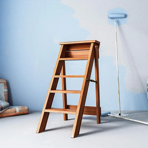 Vista 4 de Escalera de madera de 5 niveles, taburete plegable para el hogar, estante de almacenamiento multiusos para flores, escalera de escalera