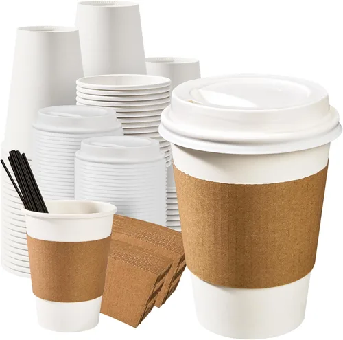 Vista 16 de RACETOP [Paquete de 50] Tazas de café desechables con tapas de 12 onzas, tazas de papel caliente con tapas, taza para llevar con tapa
