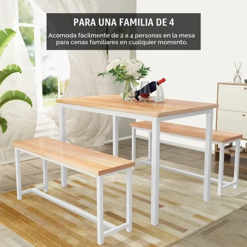 Vista 7 de DKLGG Juego de mesa de comedor para 4, mesa de cocina de 47.2 pulgadas con 2 bancos, juego de mesa de comedor de granja de 3 piezas, comedor que