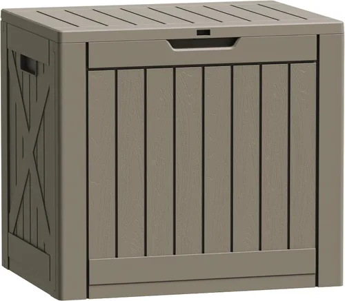 Vista 12 de Caja de resina de cubierta de 40 galones de Flamaker, caja de almacenamiento impermeable para interiores y exteriores, imitación de madera