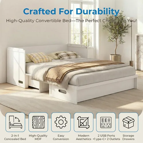 Vista 7 de Mjkone Murphy - Cama Queen Murphy con estación de carga USB y colchón de espuma viscoelástica de tres pliegues, armario oculto con cajón de Gris