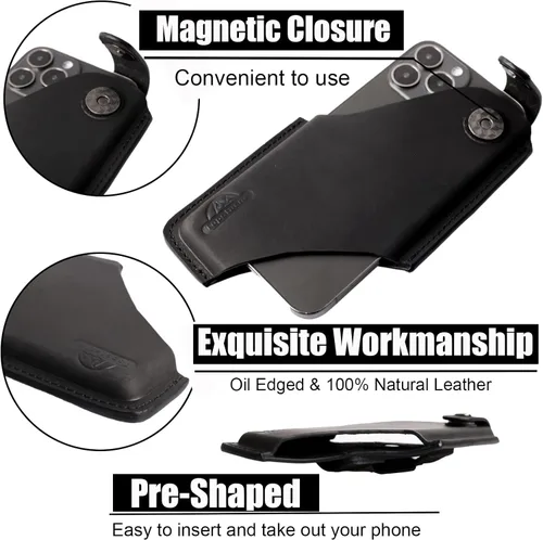 Vista 3 de Topstache Funda de cuero para teléfono con cierre magnético, funda con clip para cinturón para iPhone y Samsung, color negro, mediano