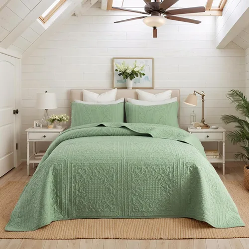 Vista 9 de Brandream Juego de edredón de algodón verde salvia, juego de ropa de cama de casa de campo de casa de campo, juego de colcha de 2 piezas