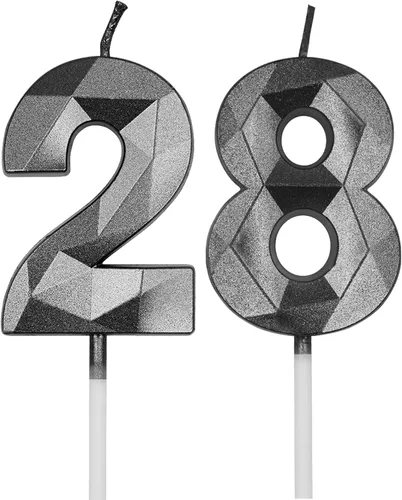 Vista 8 de Velas de cumpleaños de 28 y 82 para pastel, número plateado 28 82 3D con forma de diamante, decoración de cumpleaños, suministros de fiesta