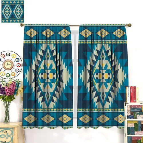 Vista 184 de Cortinas con patrón geométrico tribal, estilo suroeste, azteca, rústico, occidental, nativo americano, opacas, con bolsillo para barra, decoración