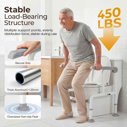 Vista 5 de Rieles de seguridad para inodoro para personas mayores con asas que brillan en la oscuridad, marco resistente de 450 libras, brazos abatibles