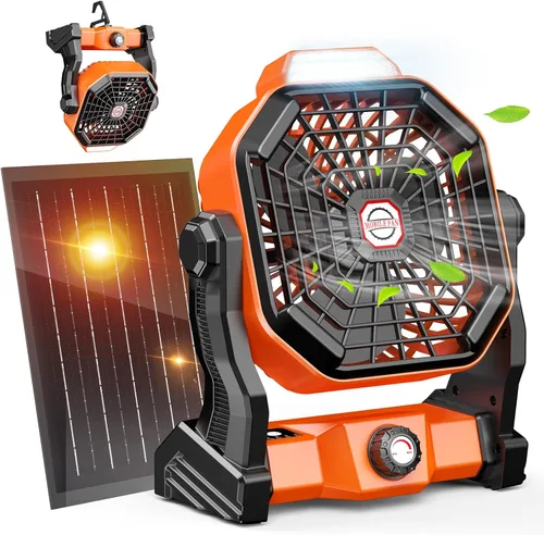 Vista 12 de Ventilador recargable con energía solar, (30 horas de funcionamiento) ventiladores de camping solares y linterna LED, ventilador portátil de 8