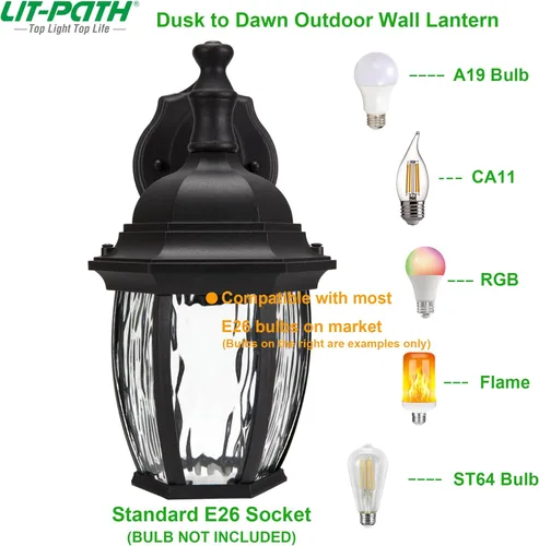 Vista 3 de LIT-PaTH Farol de pared para exteriores del atardecer al amanecer, aplique de pared como accesorio de iluminación de porche con base mediana E26