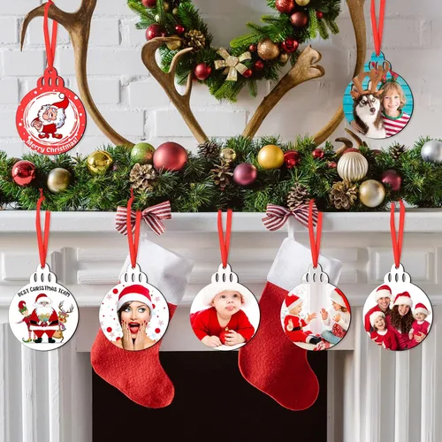 Vista 5 de Blulu 30 piezas de adornos de sublimación de Navidad en blanco para sublimación de doble cara MDF transferencia de calor, colgantes blancos