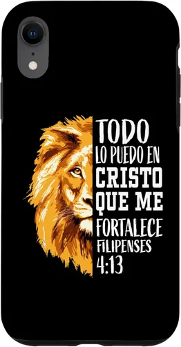 Vista 25 de iPhone 16 Filipenses 4:13 - Funda gráfica de león con versículo bíblico cristiano en español