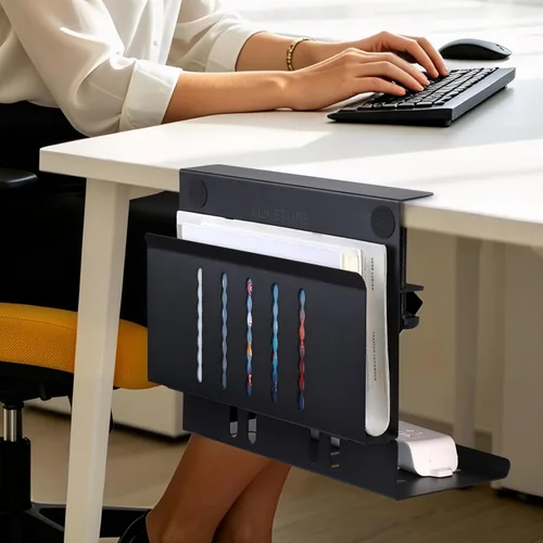 Vista 8 de LUKETURE Almacenamiento lateral de escritorio, soporte para laptop con bandeja de gestión de cables, soporte para laptop de acero 2 en 1 bajo