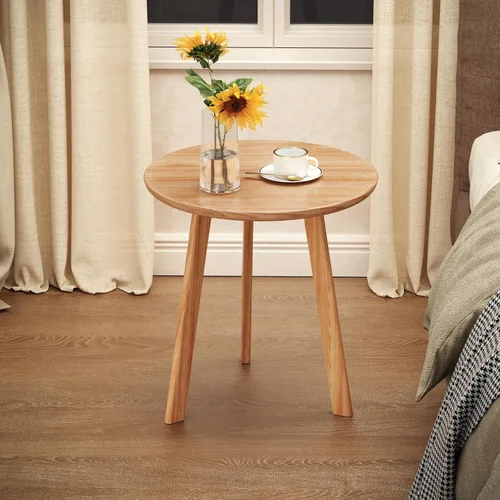 Vista 2 de Mesa auxiliar redonda 100% roble macizo, mesa auxiliar pequeña para espacios pequeños, mesas auxiliares de 3 patas para sala de estar, juego de 2
