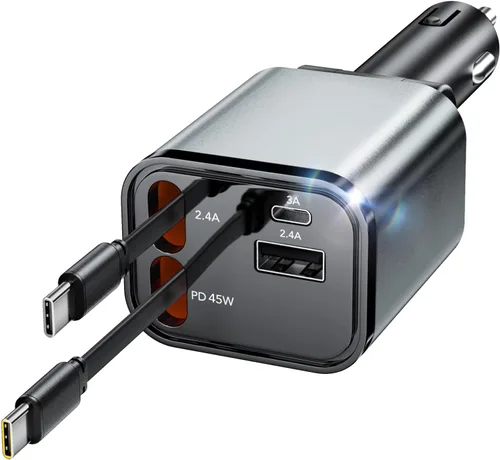 Vista 9 de Cargador retráctil para automóvil, carga rápida 4 en 1 de 69W, adaptador de encendedor de cigarrillos con 2 cables retráctiles para iPhone