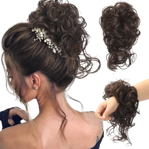 Vista 18 de 2 piezas de Extensiones de Cabello Estilo Moño Despeinado, QIAORUIXIN Extensiones de Cabello Superlargas Estilo Moño Alborotado, Envoltura Ondulada