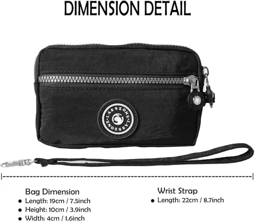 Vista 6 de Bolso de nailon para mujer con tres cremalleras, cartera larga de embrague para teléfono móviltarjetaefectivomonedasbilletes