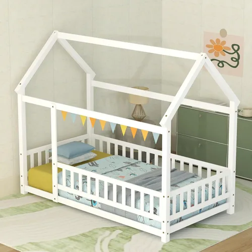 Vista 5 de Bellemave Cama Montessori de madera con valla y techo para niños, marco de cama individual para niños, niñas (individual, blanco)