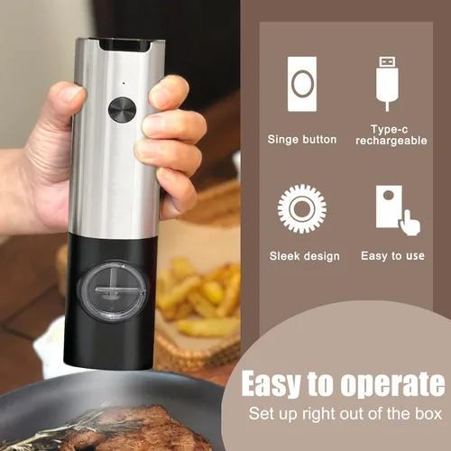 Vista 2 de Juego de molinillo eléctrico de sal y pimienta, molinillos automáticos de sal de pimienta, acero inoxidable, recargable, recargable, con luz LED