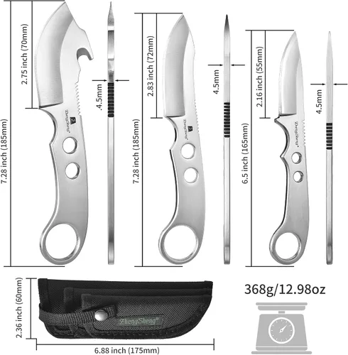 Vista 4 de ZhengSheng Juego de cuchillos de caza de 3 piezas, cuchillos de supervivencia, cuchillo Bowie y cuchillo de gancho para intestino con funda