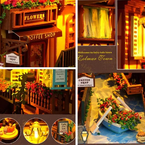 Vista 3 de TOPBSFARNY Soporte de madera 3D para libros, rompecabezas de casa de muñecas, sujetalibros de madera, kit de construcción de rincones con luz LED