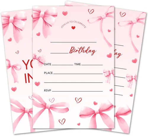 Vista 9 de Tarjetas de invitación de cumpleaños con lazo rosa, invitaciones de fiesta de cumpleaños para niñas, decoraciones y suministros para fiestas