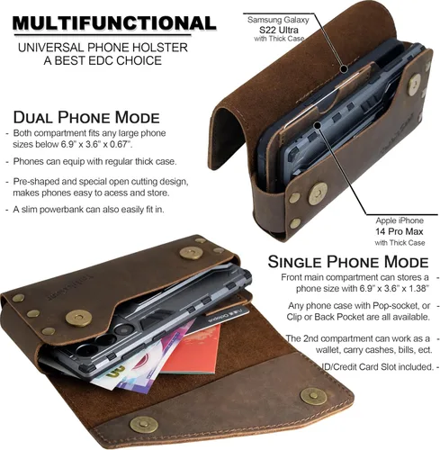 Vista 3 de Funda de cuero doble para teléfono para dos teléfonos, funda de teléfono doble para hombre, cinturón con clip para cinturón para iPhone 16 Pro Max