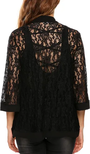 Vista 4 de Zeagoo - Chaqueta de ganchillo de encaje para mujer estilo informal con mangas 34 y fundas transparentes