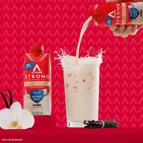 Vista 6 de Atkins Strong High Protein Shake, Vanilla Flavored, 30g Protein, Low Carb and Low Sugar Shake, Keto Friendly, Gluten Free, Muscle and Gut Health