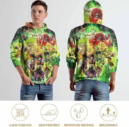 Vista 5 de Saiyajin Broly - Sudadera con capucha unisex con estampado 3D para adultos y jóvenes, sudadera de manga larga con capucha