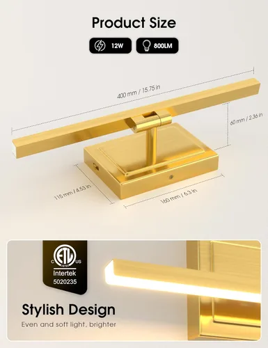 Vista 6 de VOLISUN Lámpara de tocador de baño de 15.7 pulgadas, 12 W, regulable, 5CCT, lámpara de baño LED sobre el espejo, luz de tocador de barra dorada