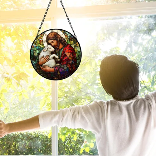 Vista 34 de DASTOLL Vitral para colgar en la ventana, atrapasoles de escena nocturna de Van Gogh, panel de cristal colorido, atrapasoles de cielo estrellado