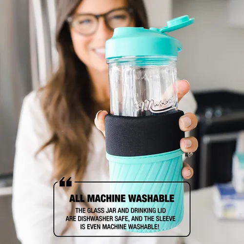 Vista 4 de Masontops Juego de 3 botellas de agua Mason Jar 1 tarro de boca regular de 16 onzas 1 funda aislante turquesa 1 tapa turquesa para beber