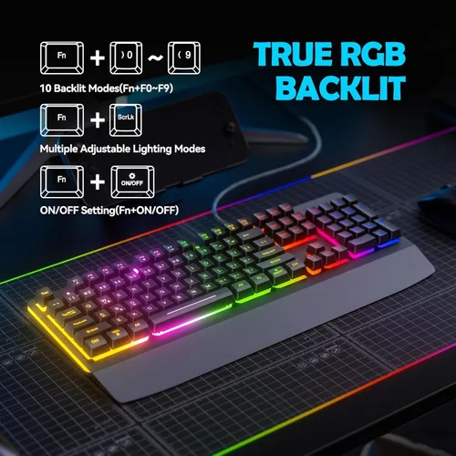 Vista 2 de Teclado para juegos con cable, teclado iluminado RGB con reposamuñecas, panel de metal de 104 teclas retroiluminado con arco iris