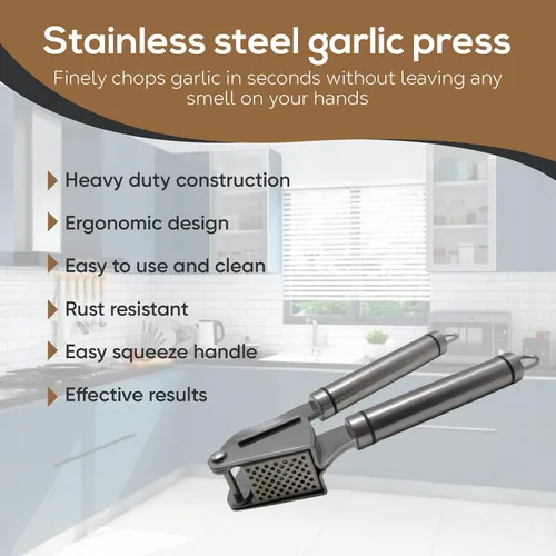 Vista 4 de Juego de prensa de ajo premium con tachuelas, trituradora profesional de acero inoxidable resistente, fácil de apretar y limpiar con mango