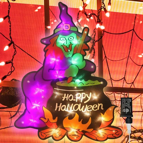Vista 14 de LAMPHOME Paquete de 4 fantasmas iluminados con LED, letrero de Happy Halloween, bruja, Jack-O-Lantern de Halloween, decoración de ventana iluminada