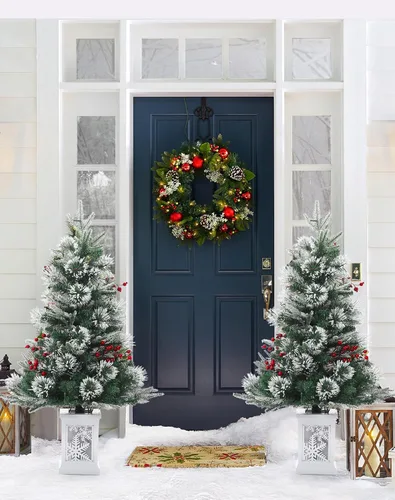 Vista 4 de Árbol de Navidad artificial preiluminado de 3 pies, árbol de Navidad de nieve flocada premium con LED blanco cálido, mini árbol de Navidad Base