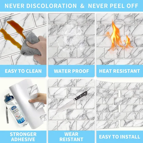 Vista 6 de URCOLOR 10 hojas de adhesivos para loseta en muro de cocina, azulejos autoadhesivos de 12 x 12 pulgadas estilo metro, para loseta en muro de cocina