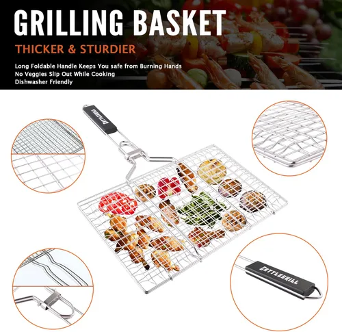 Vista 2 de Cesta plegable para parrilla de pescado con acero inoxidable 430, el juego de parrilla incluye: una alfombrilla reutilizable y un cepillo
