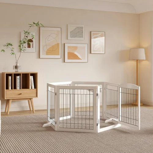 Vista 4 de Puerta plegable para mascotas de 144 pulgadas de ancho, 30 pulgadas de alto, puerta de madera para perros sin ensamblaje con puerta de paso, puerta