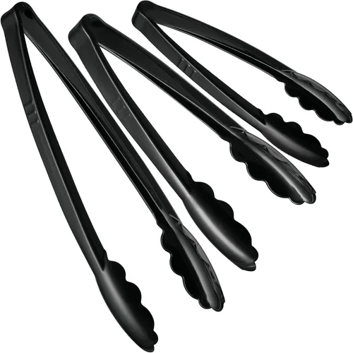 Plasticpro Juego Combinado de Pinzas para Servir Negras Reutilizables de Servicio Pesado - 4 Piezas (7.5'', 9'', 12'') para Cocina, Barbacoa,