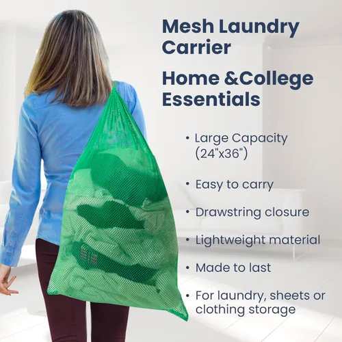 Vista 3 de Bolsa de lavandería de malla resistente de alta calidad, cesta de ropa con cordón, artículos esenciales para el hogar y la universidad, color verde