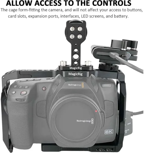 Vista 2 de BMPCC 6K Pro / G2 Full Cage Rig para Blackmagic Design Pocket Cinema Camera 6K Pro y G2, con mango superior de goma, abrazadera de montaje SSD T5