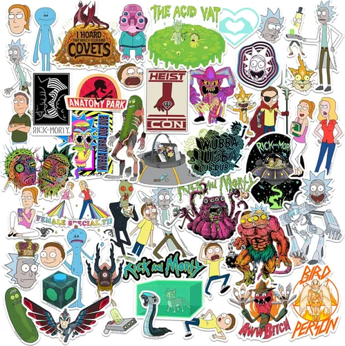 Rick and Morty - Paquete variado de 50 calcomanías de vinilo troqueladas, calcomanías de dibujos animados de ciencia ficción para laptop, botella de