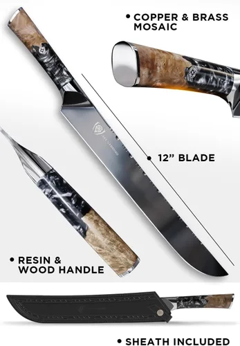 Vista 7 de Dalstrong Cuchillo para rebanar – Valhalla Series Ravenstone Black Blade Titanium Coated – Premium 9CR18MOV HC Steel – Mango de resina y madera