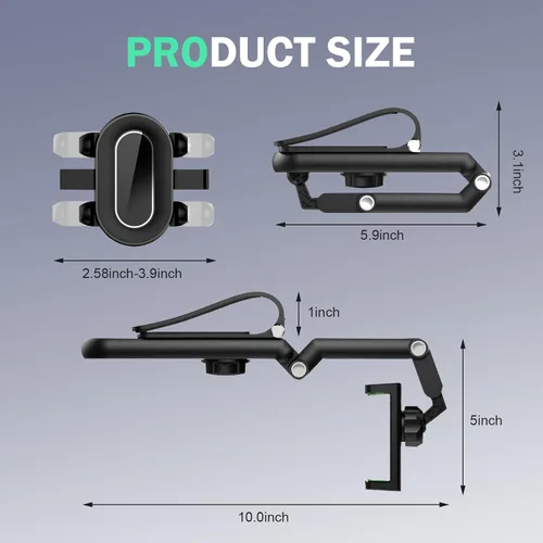 Vista 2 de Soporte para teléfono con visera solar, soporte de teléfono giratorio y retráctil de 360°, soporte multifuncional para espejo retrovisor